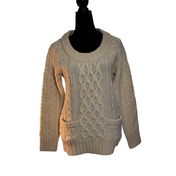 L.L. Bean Sweaters - LL Bean Women Ivory Cable Knit Wool Scoop Neck Sweater with Pockets Cream Size M